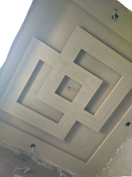 Hall POP ceiling design with a double square pattern